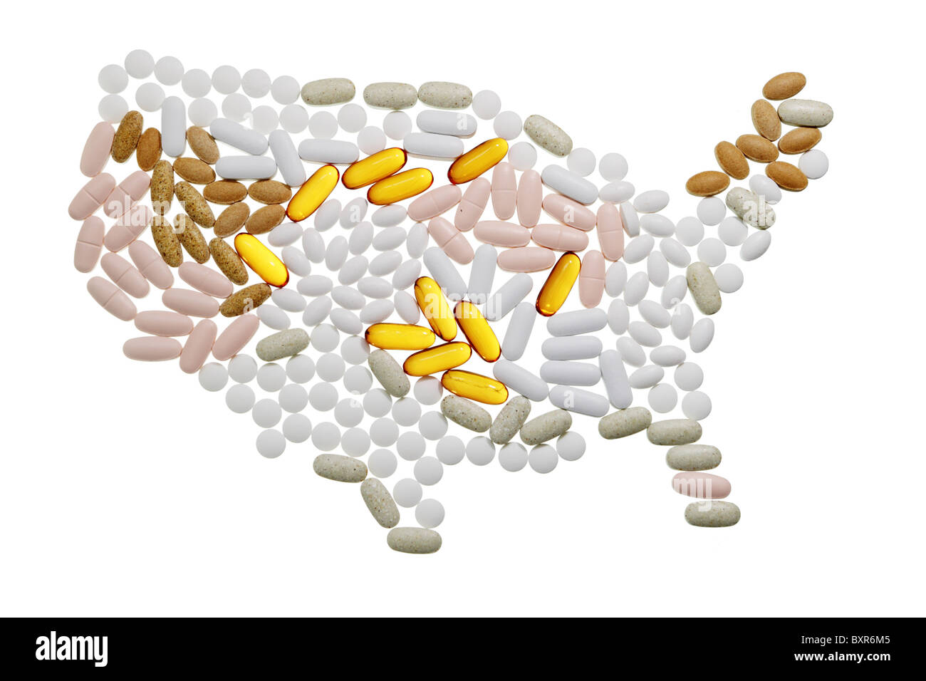Mappa approssimativa degli USA paese fatto di molte pillole isolato su bianco Foto Stock