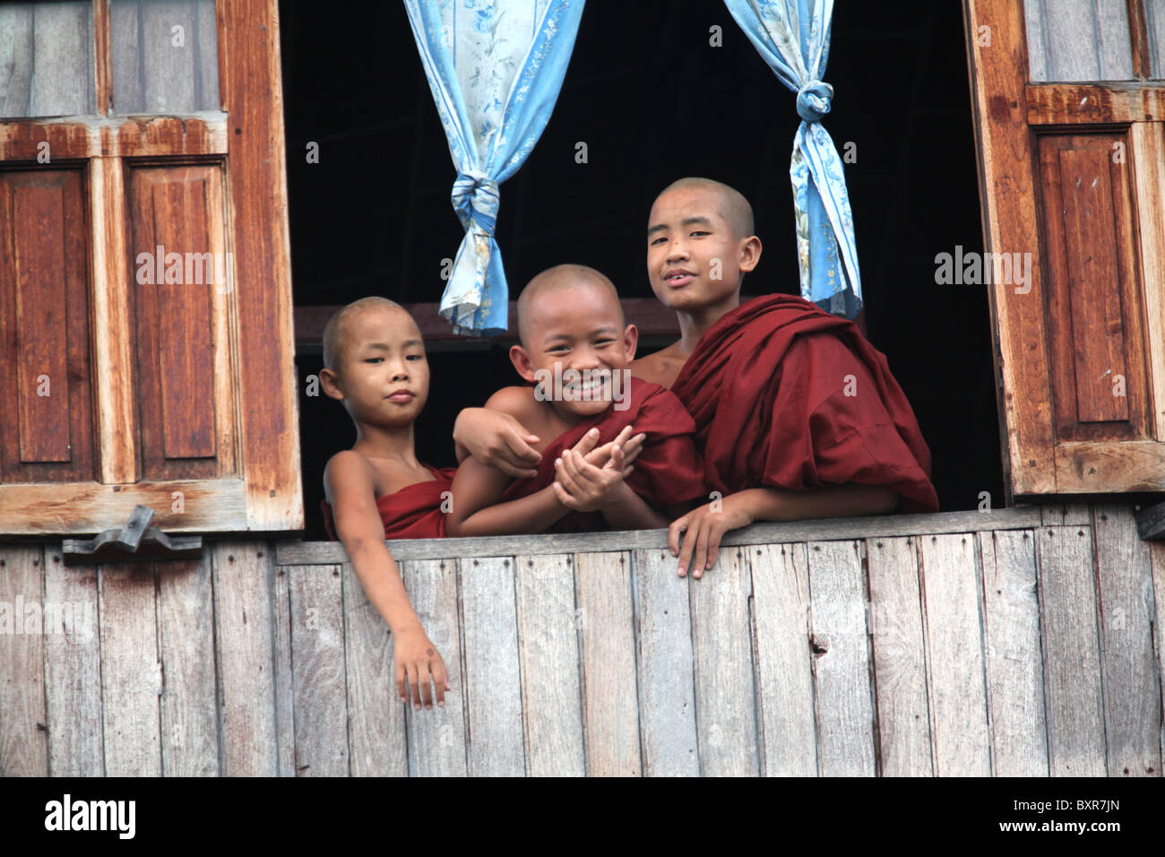 Il debuttante monaci di un monastero galleggiante sul Lago Inle situato nelle colline di Shan in Myanmar (Birmania). Foto Stock