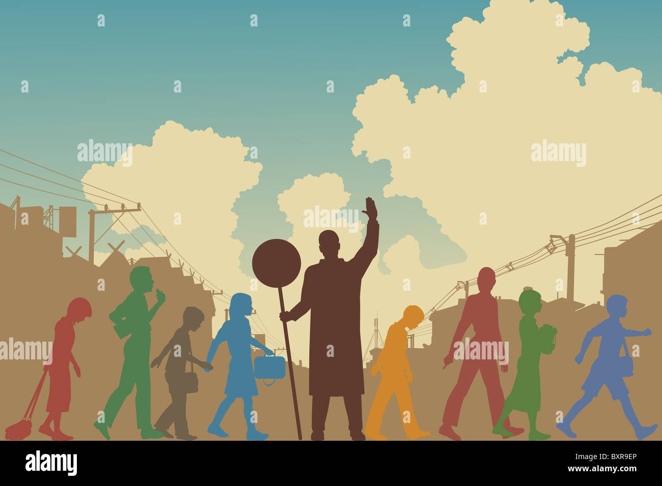 Illustrate i contorni di coloratissimi scuola bambini attraversare una strada Foto Stock