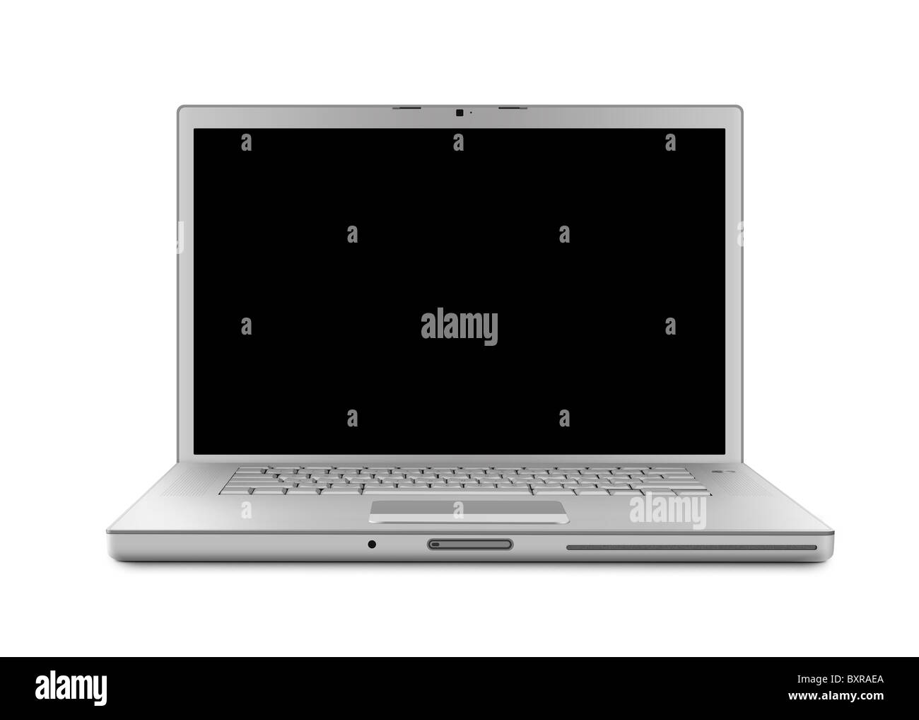 Computer portatile con percorso di clipping. Isolato con uno schermo nero su sfondo bianco. Foto Stock