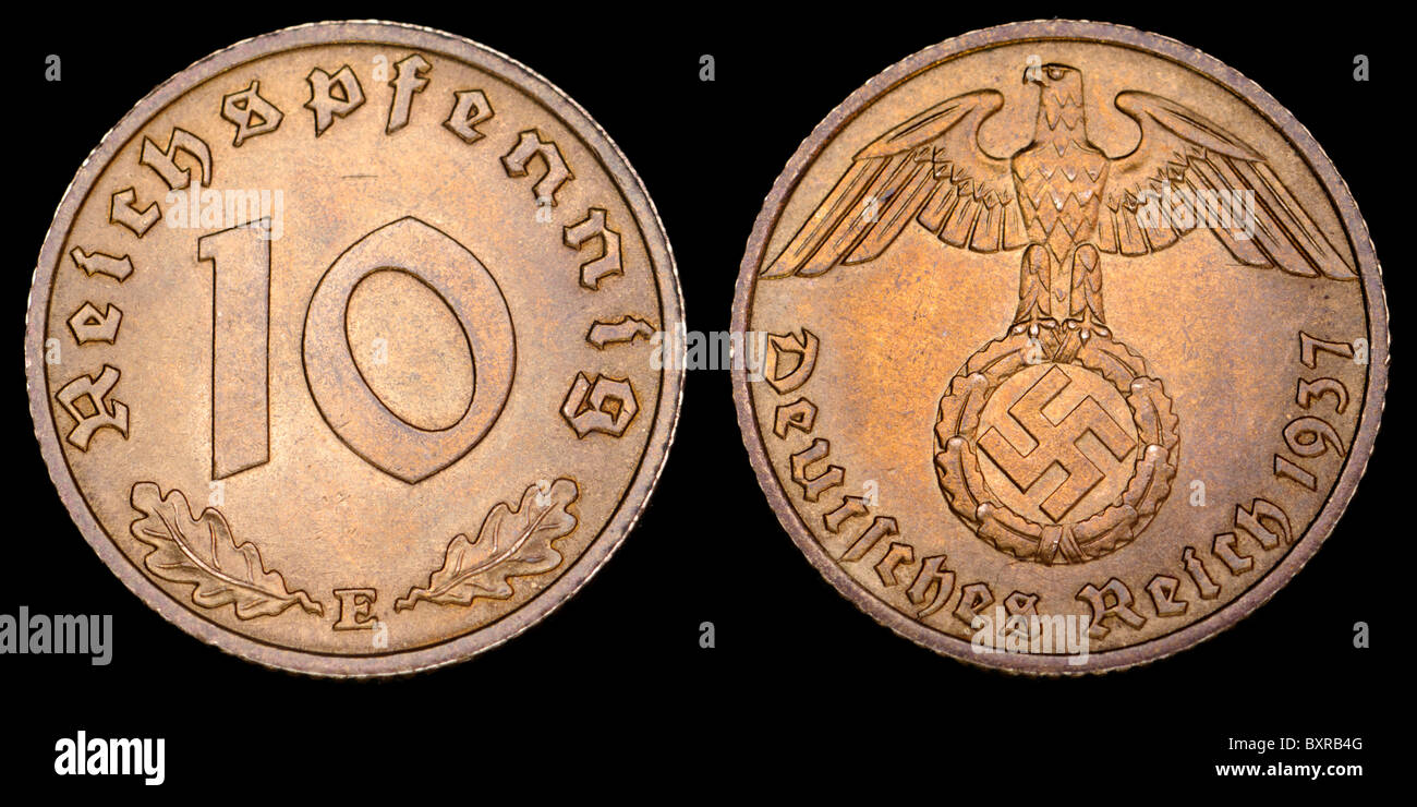 Il tedesco 10 Pfennig moneta dal 1937 con la svastica nazista e eagle Foto Stock