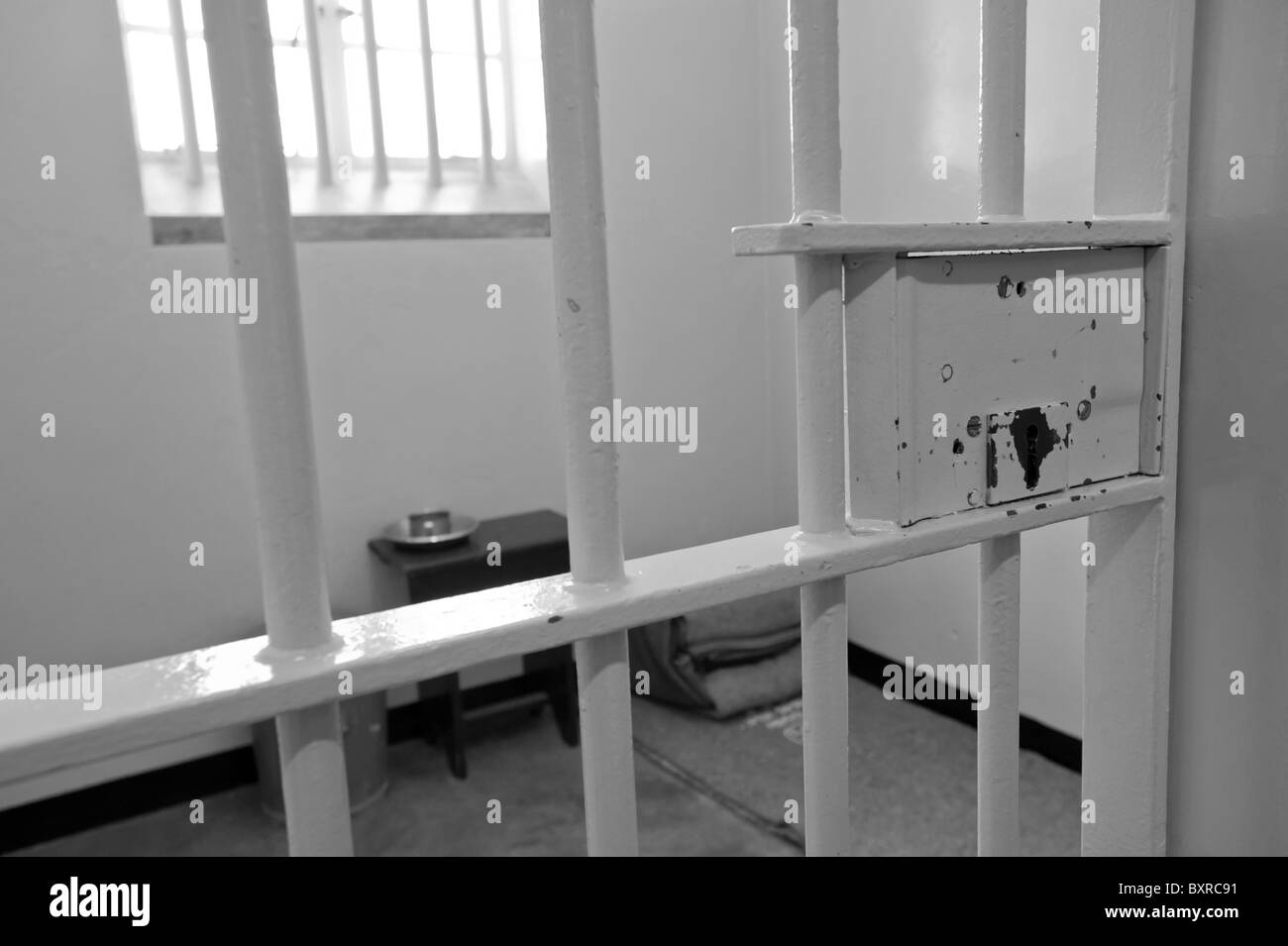 Nelson Mandela la cella del carcere di Robben Island, Cape Town, Sud Africa Foto Stock