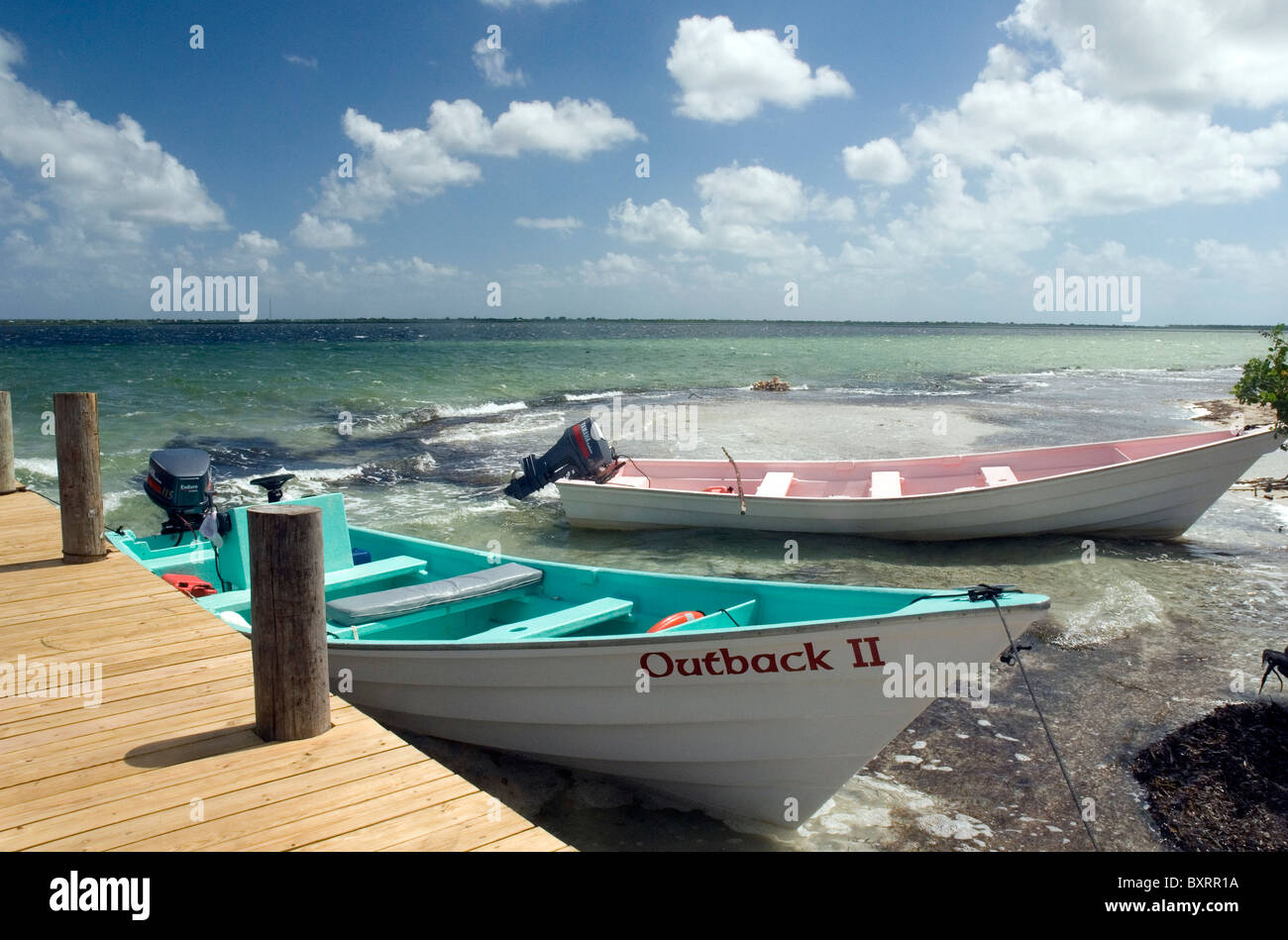 Caraibi, Isole Sottovento, Barbuda Codrington Laguna, vista della barca ormeggiata presso il pontile Foto Stock
