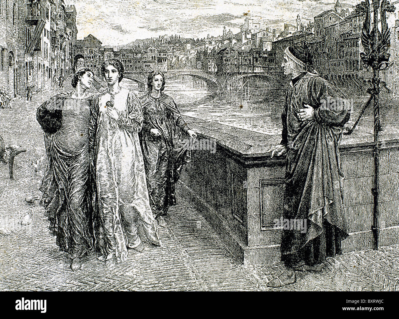 Dante Alighieri (1265-1321). Poeta italiano. Incontro tra Dante e Beatrice. Incisione di C.O. Murray. Foto Stock