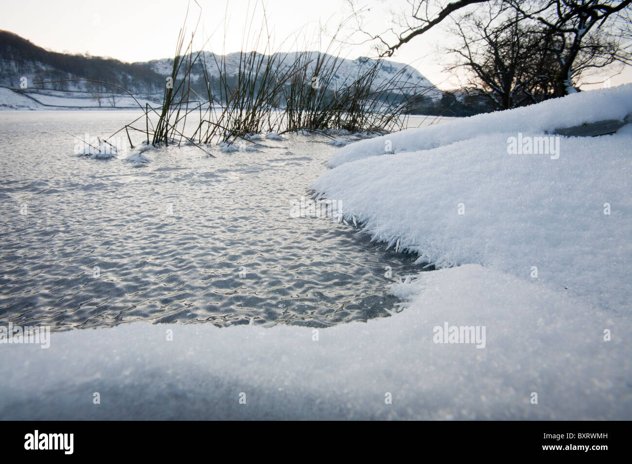 Rydal acqua completamente congelato durante il big freeze su dicembre 2010, Lake District, UK. Foto Stock
