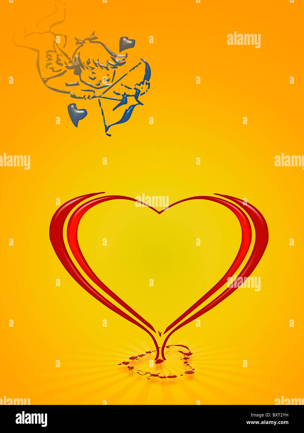 Cupido frecce di ripresa per il cuore il giorno di San Valentino. Illustrazione con giallo uno sfondo arancione Foto Stock