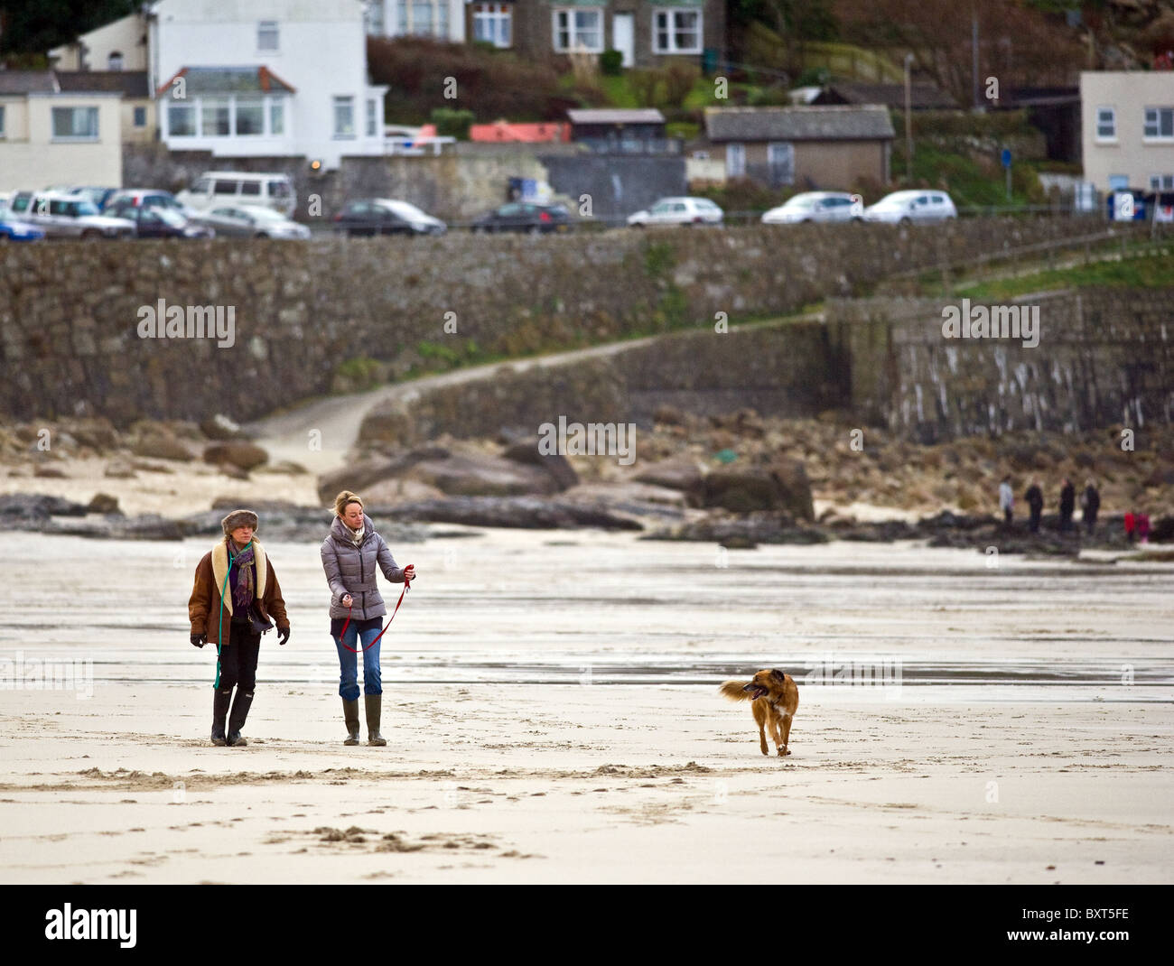 Persone dDog a piedi sulla spiaggia di Sennen in Cornovaglia. Foto Stock