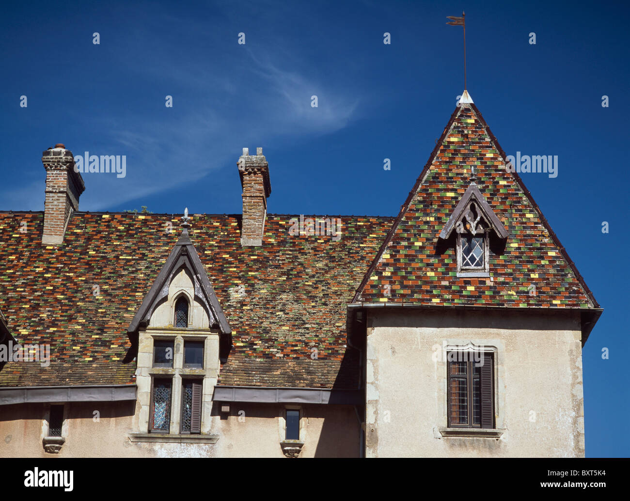 Con piastrelle di ceramica in tetto di Chateau Marguerite Bourgogne Foto Stock