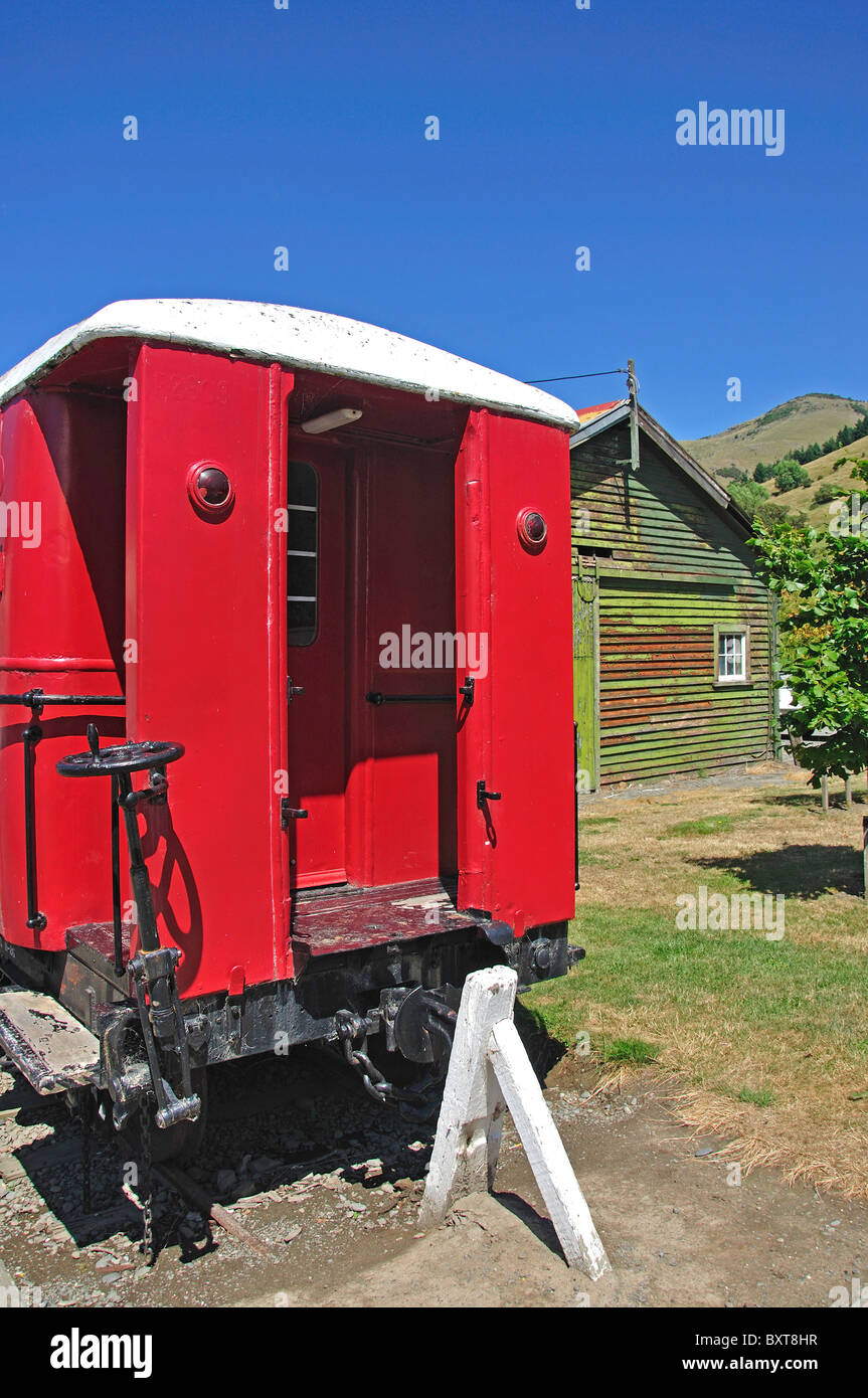 Carrozza ferroviaria, piccolo fiume stazione ferroviaria, piccolo fiume, Penisola di Banks, Canterbury, Nuova Zelanda Foto Stock