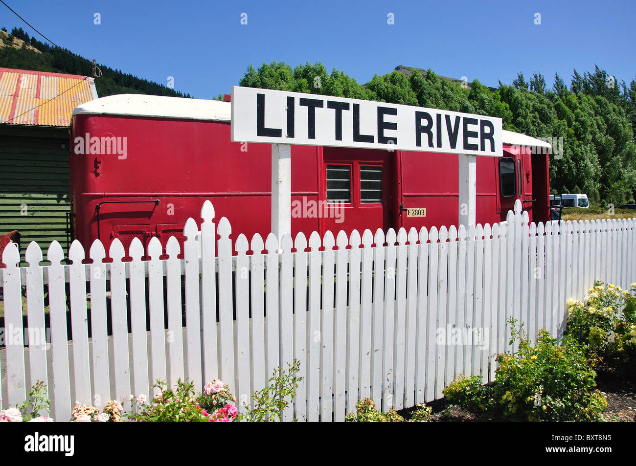 Little River Railway Station, Little River, Banks Peninsula, Canterbury Region, South Island, nuova Zelanda Foto Stock