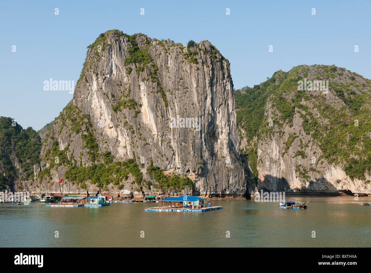 Villaggio galleggiante nella baia di Halong, Vietnam Foto Stock
