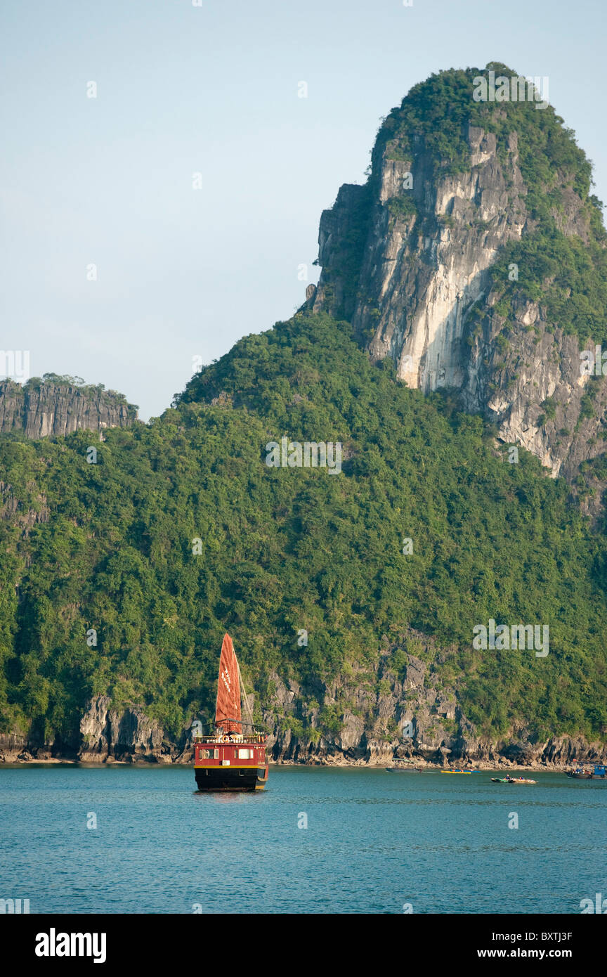Barca nella Baia di Halong, Vietnam Foto Stock