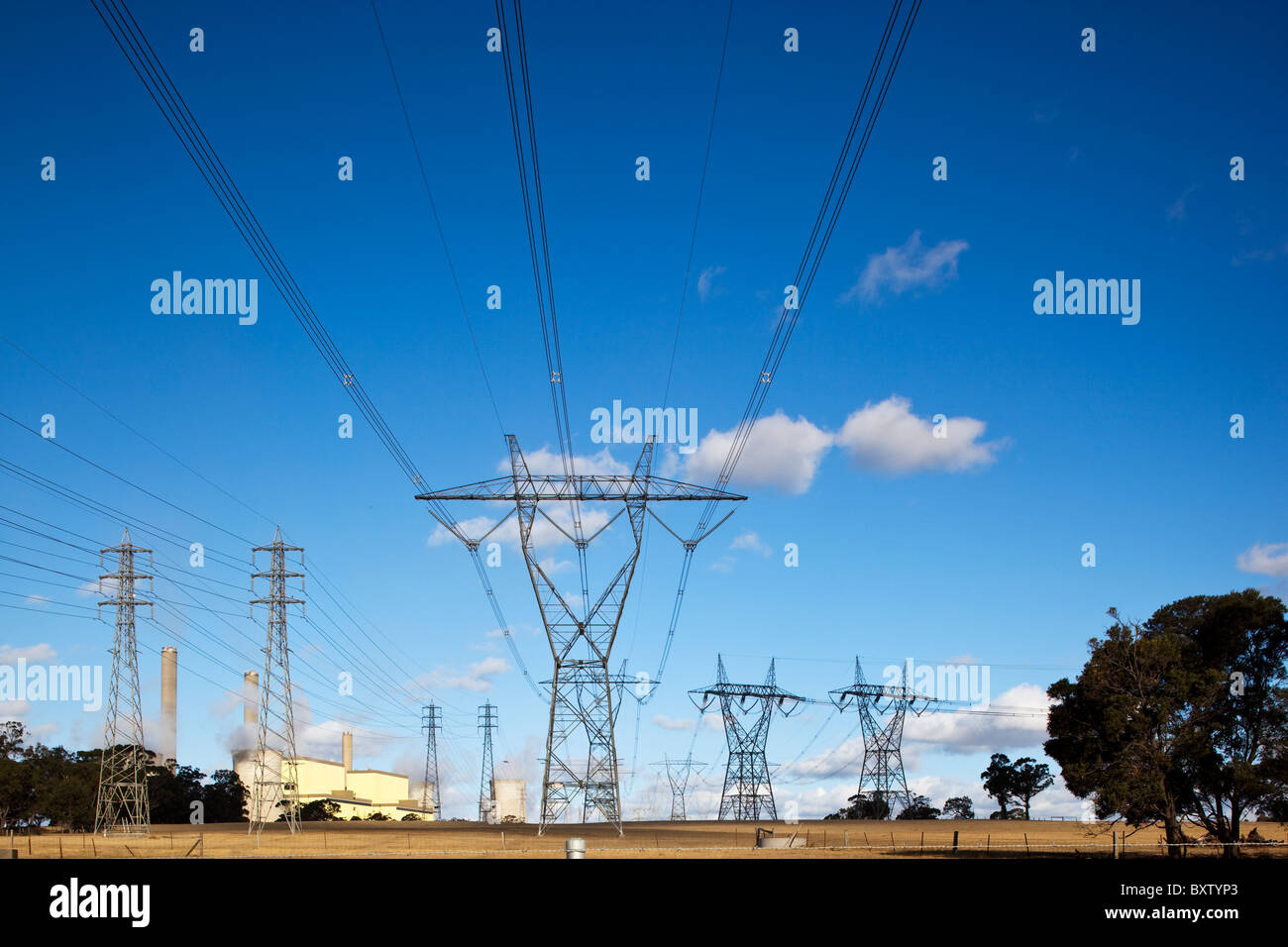 Australia, Victoria, Traralgon, linee elettriche di alimentazione dalla centrale a carbone Loy Yang Power Station Foto Stock