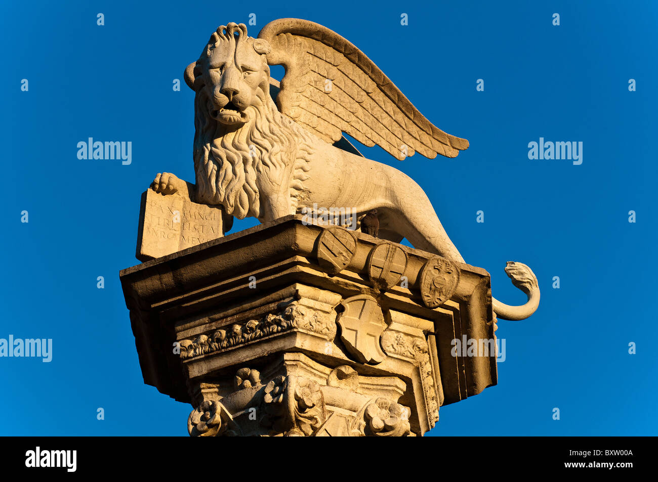 La scultura del leone alato di San Marco posto sulla parte superiore di una colonna situato in Piazza dei Signori, Vicenza, Italia Foto Stock