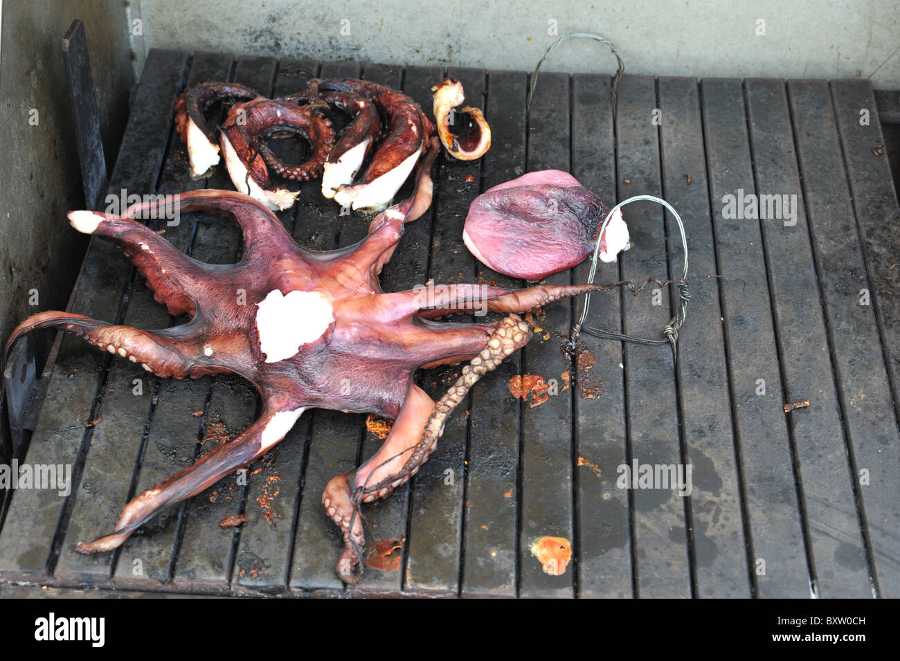 Il polpo fresco essendo alla griglia all'aperto sul barbecue - immagine presa in Rethimno, Creta, Grecia Foto Stock