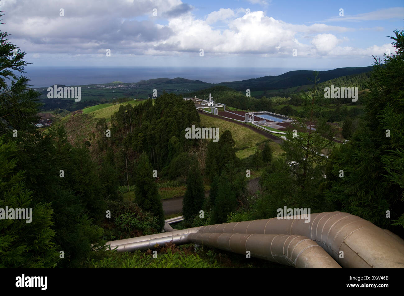 Impianto geotermico circondato da una lussureggiante foresta nelle Azzorre, che genera energia elettrica rinnovabile dall'energia vulcanica. Foto Stock