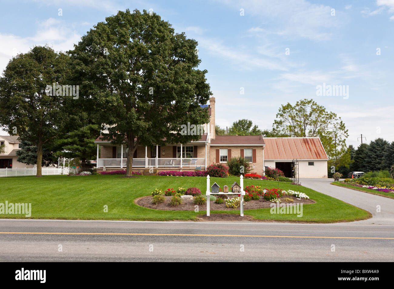 Meticolosamente curato Amish home lungo l'autostrada in Lancaster County, Pennsylvania Foto Stock