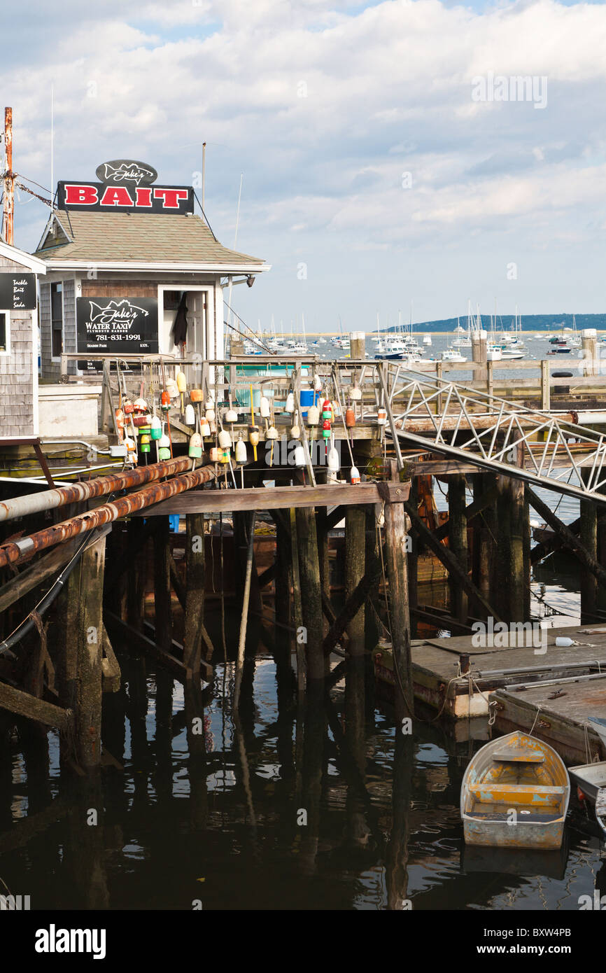Lobster boe appendere sulla ringhiera davanti a Paolo Taxi d'acqua ed esca shop in città Wharf in Plymouth Massachusetts Foto Stock