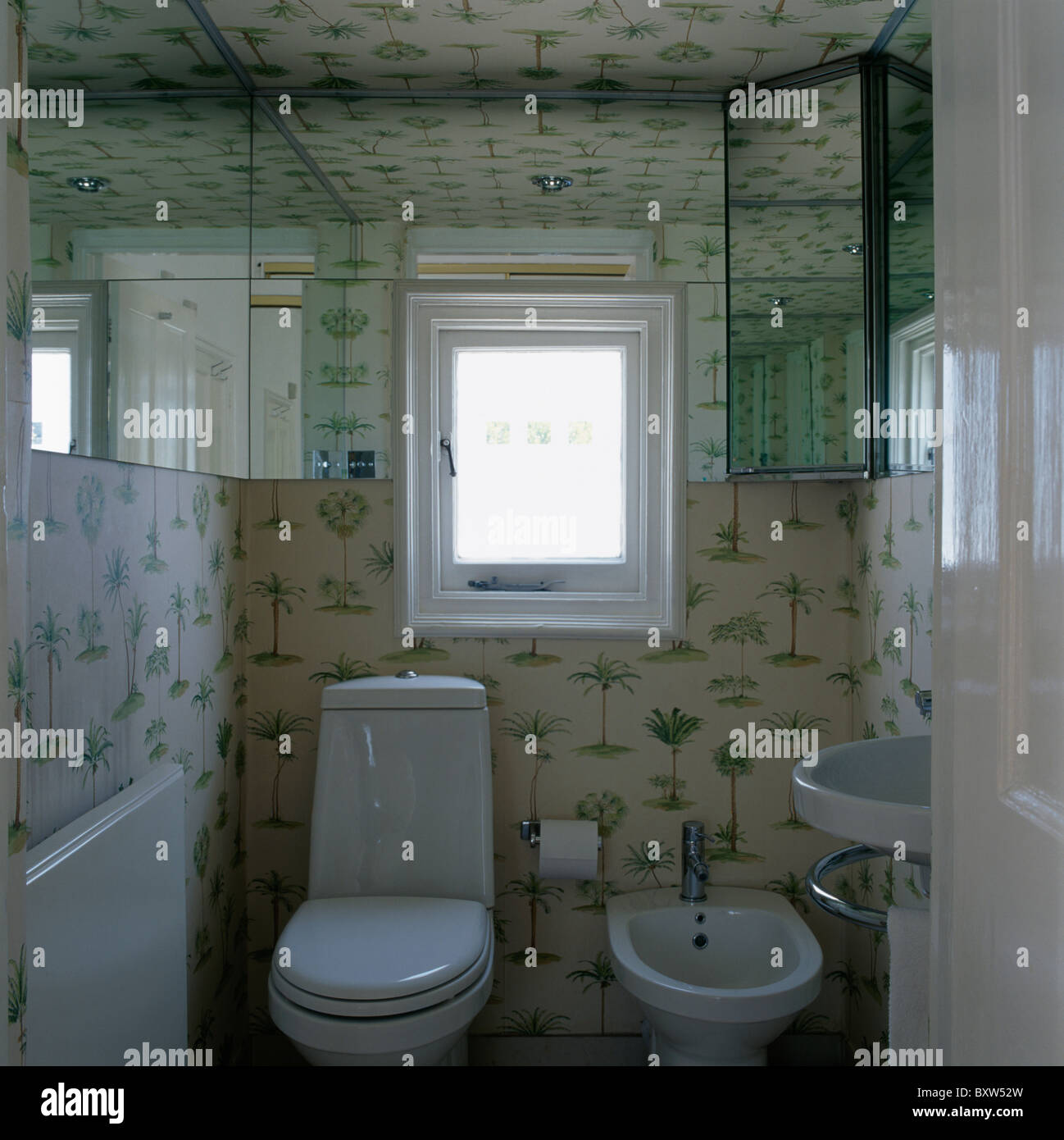 Porta aperta a verde + bianco carta da parati in bagno piccolo con il  bianco bidet e wc al di sotto di finestra e armadio con mirroring Foto  stock - Alamy