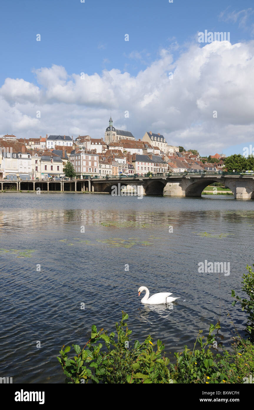 Joigny e fiume Yonne swan con la Chiesa e il quartiere di Saint Jean attraverso il fiume su estati soleggiate giorno Foto Stock