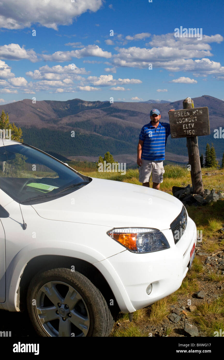 Montagna Verde Lookout segno di elevazione lungo il corridoio Magruder nel deserto Selway-Bitterwoot, Idaho, Stati Uniti d'America. Foto Stock