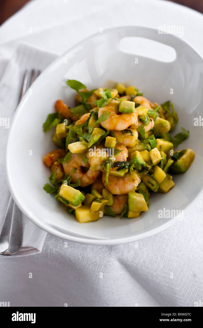 Un piatto leggero di mescolare fritti scampi grandi, coriandolo, mango, avocado e peperoncino, nella ciotola bianco Foto Stock