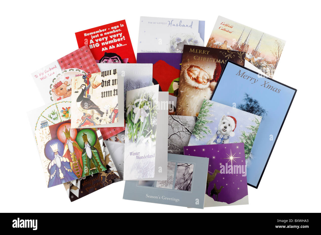 Pila di compleanno e Natale Cartoline di auguri Foto Stock