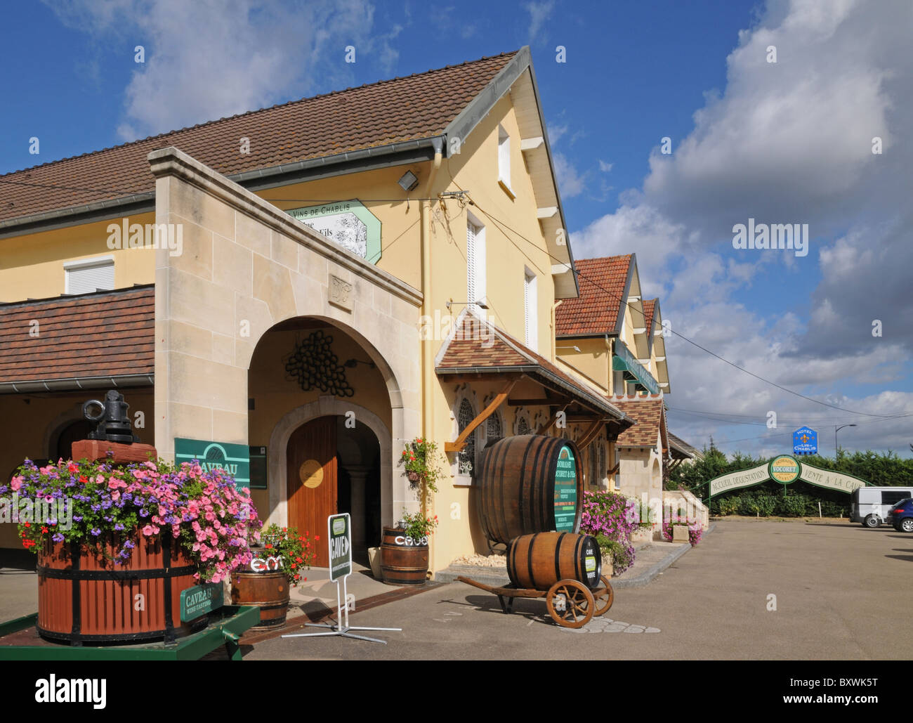 Wine store shop in cantina o grotta vendere il vino di Chablis Borgogna Francia offre vino e degustazione di vino Foto Stock