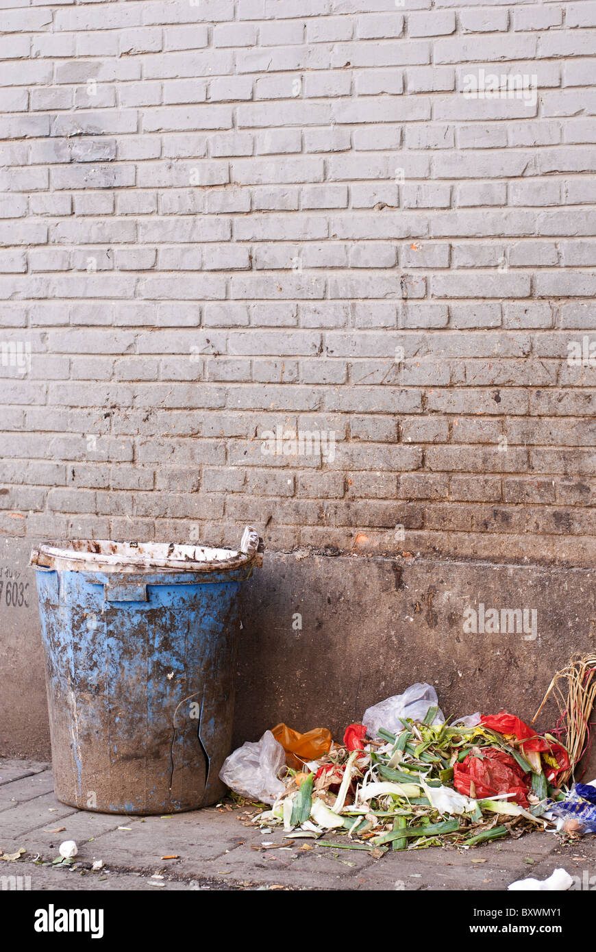 Garbage oltre ad un cestino della spazzatura in un vicolo Foto Stock