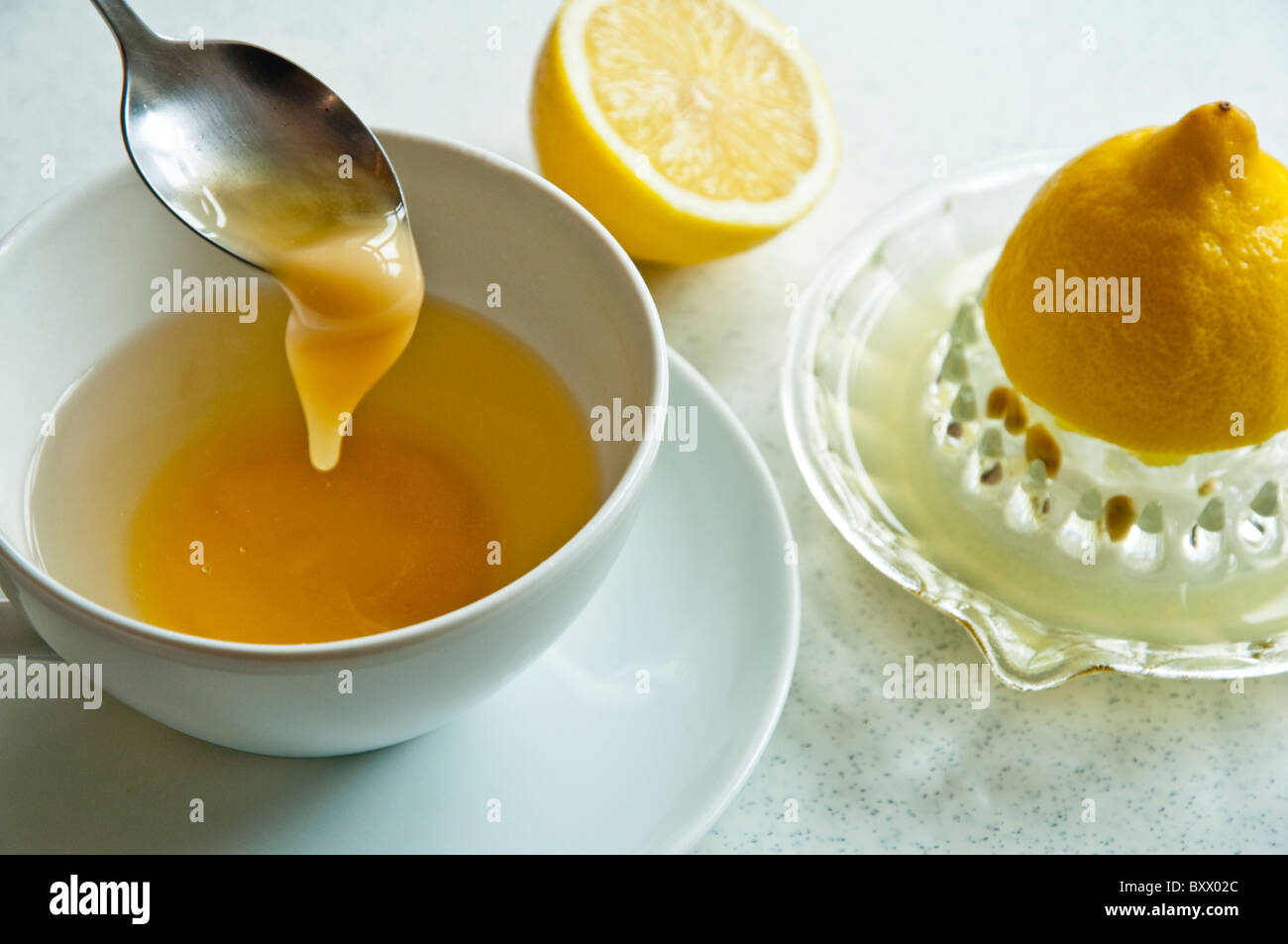 La realizzazione di un miele e limone acqua calda drink - un rimedio naturale per la tosse, raffreddori e mal di gola. Foto Stock