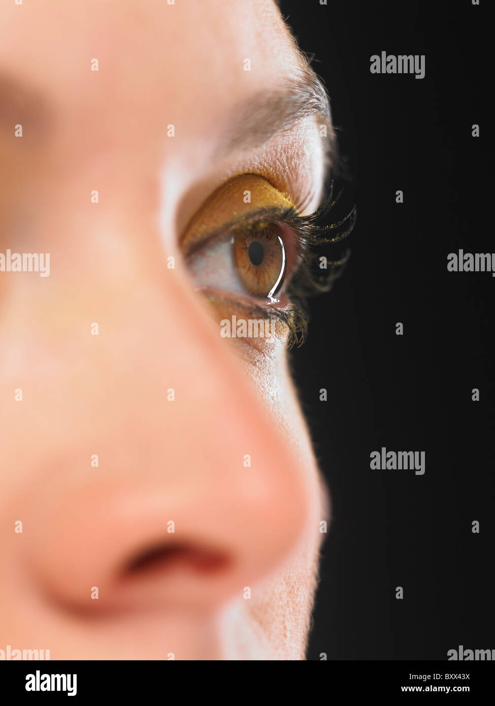 Femmine bianche Occhio sinistro Occhio giallo trucco leggera profondità di campo Foto Stock