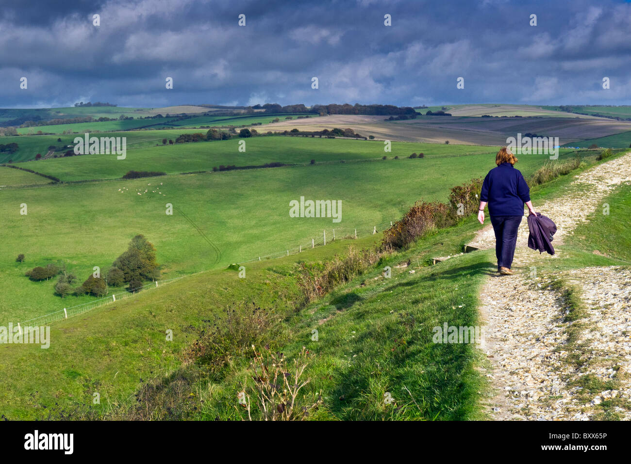 Donna che cammina su Cissbury Ring, Findon, Worthing, West Sussex Regno Unito Foto Stock