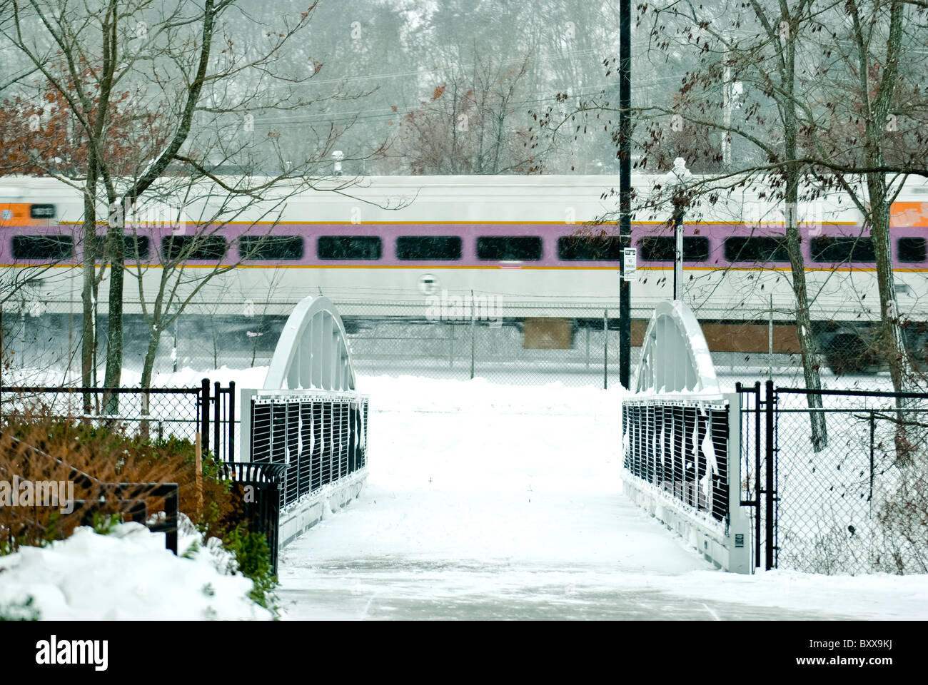 Treno e blizzard. Foto Stock