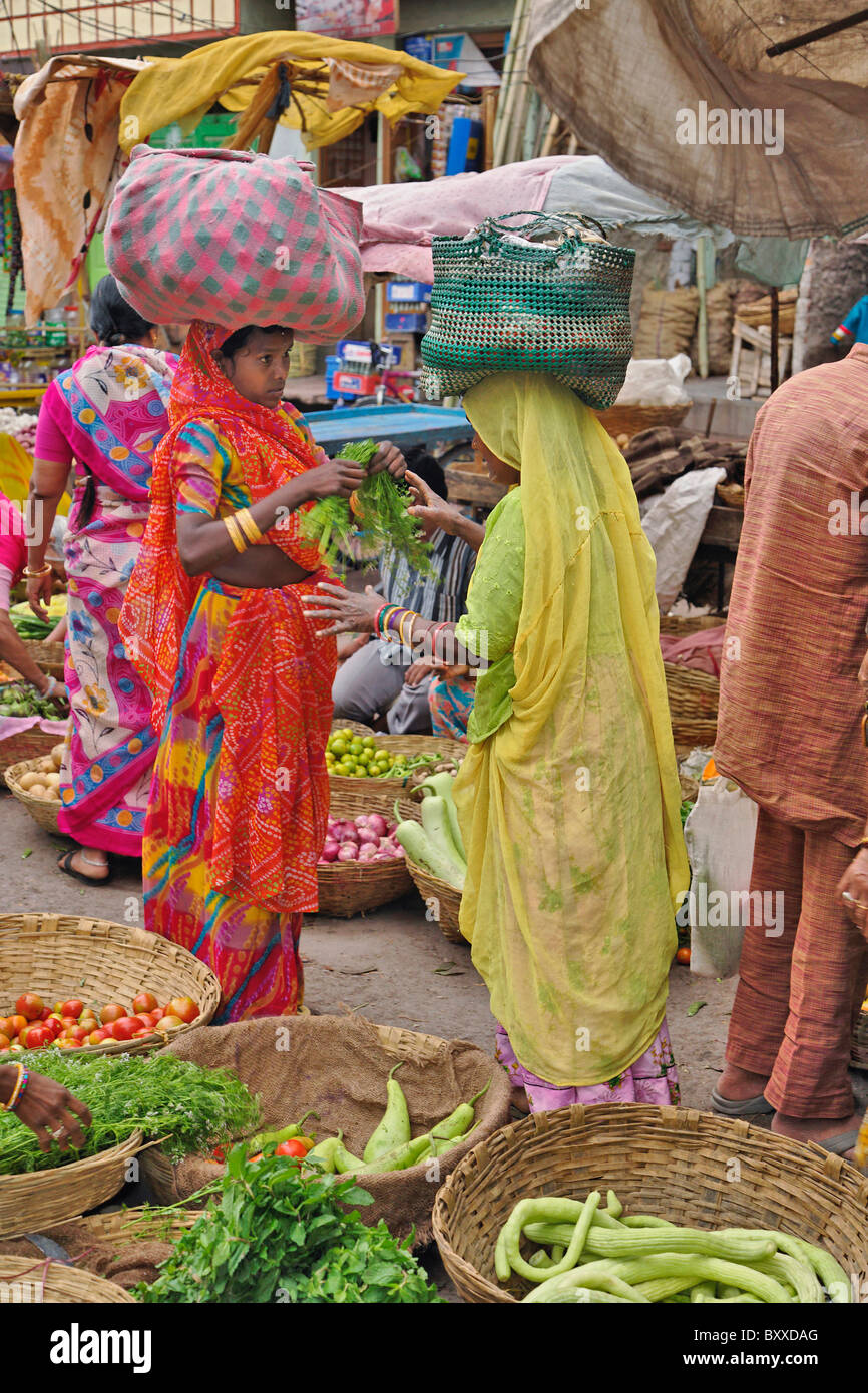 Coloratissimo mercato di frutta e verdura, Udaipur, India. Foto Stock