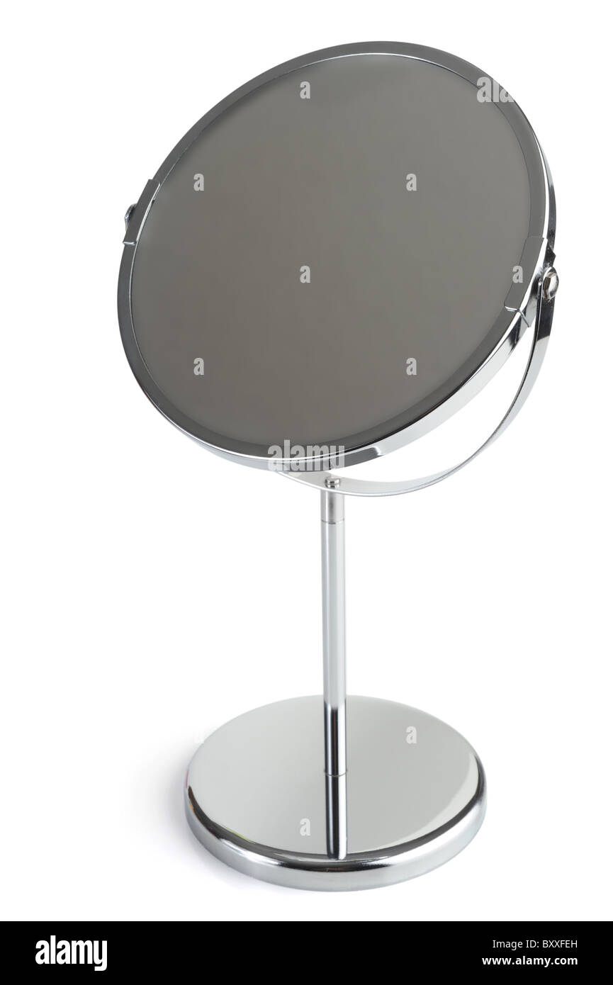Argento specchio cosmetico studio isolato su sfondo bianco Foto Stock