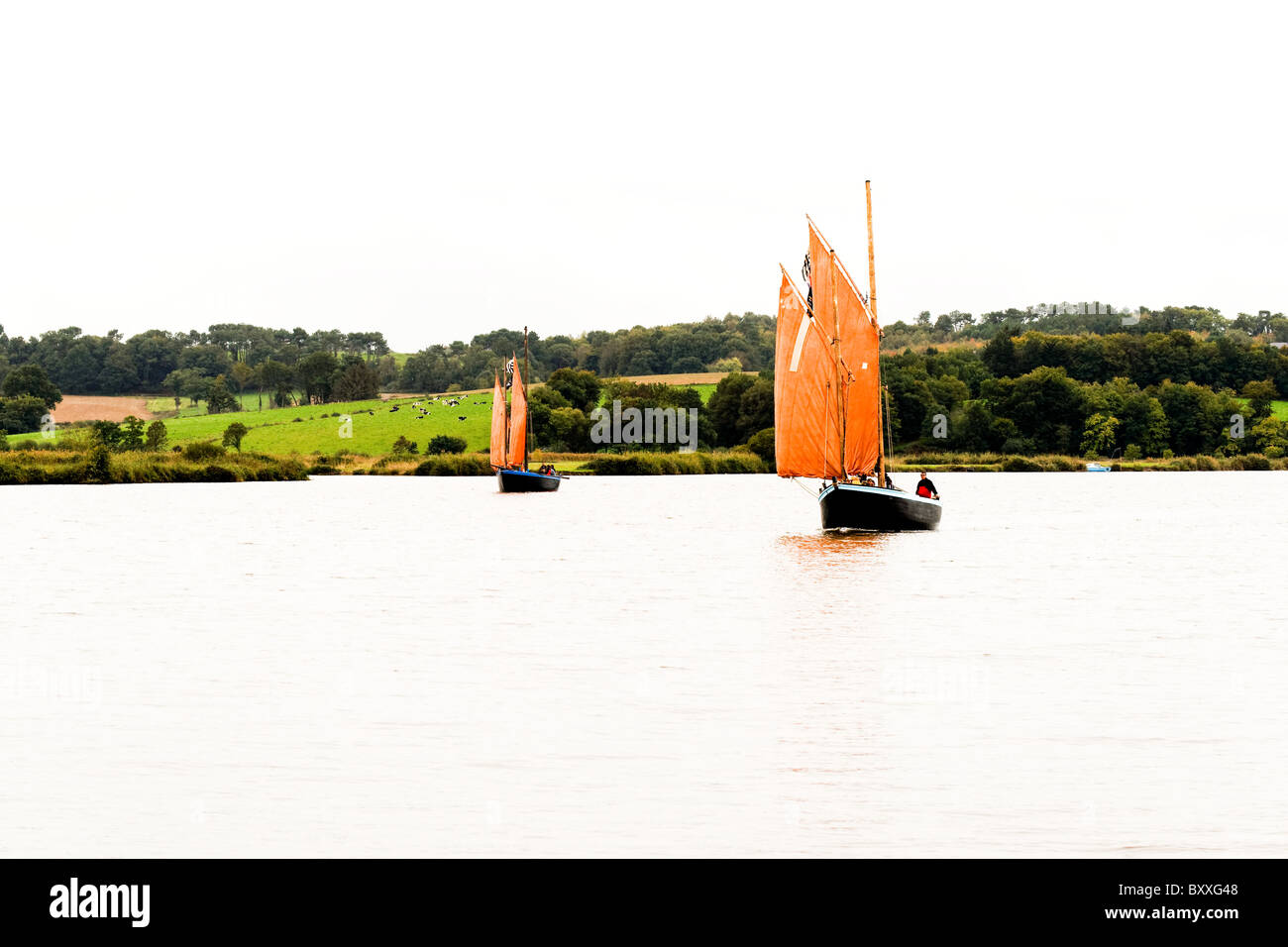 Gaff tradizionale truccate barca sul fiume Vilaine, Bretagna sulla sua strada verso la sagra della castagna Foto Stock
