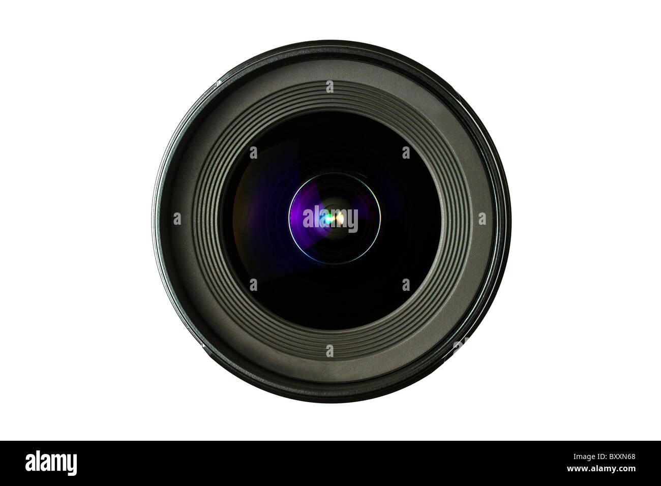 Primo piano dettagliato dell'obiettivo della fotocamera, che mostra il suo design intricato e i riflessi interni. Foto Stock