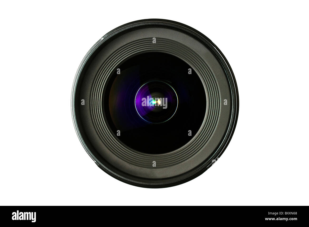Un obiettivo della telecamera isolata su sfondo bianco Foto Stock