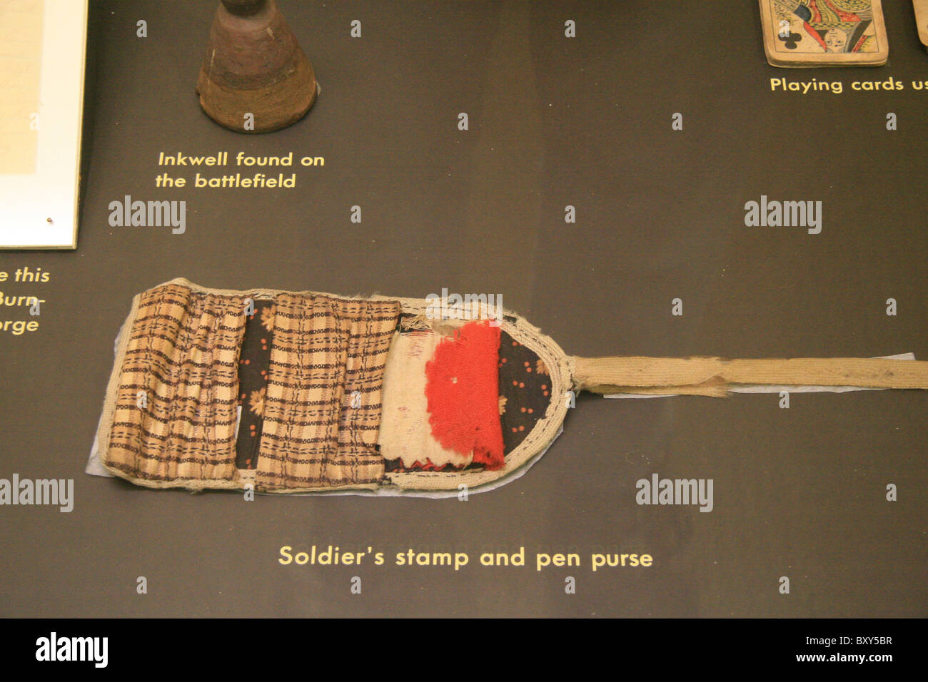 Una guerra civile americana del soldato timbro & pen purse, Fredericksburg Battlefield Visitor Center, Virginia, Stati Uniti. Foto Stock
