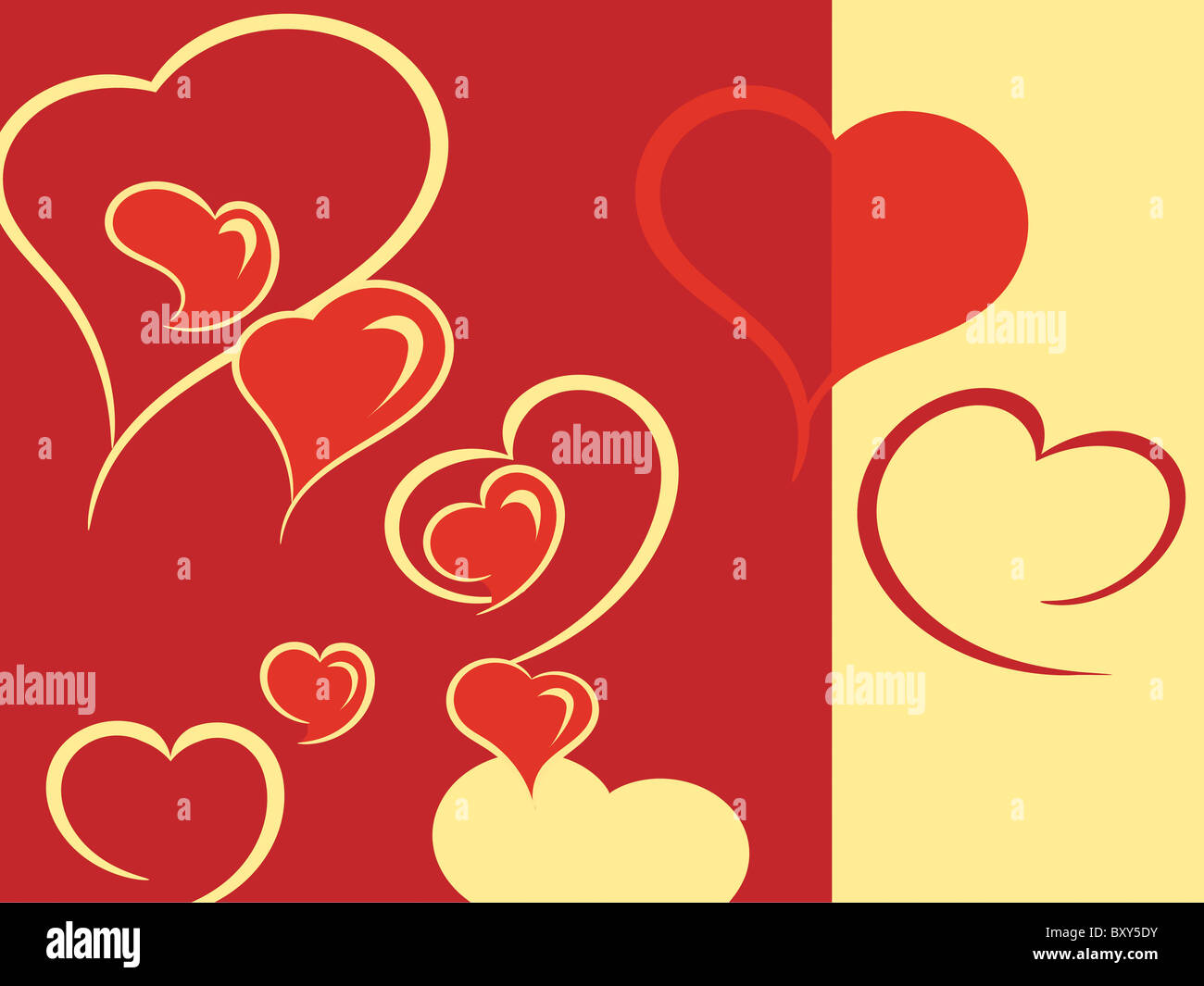 Rosso e giallo caratteri di cuore su uno sfondo caldo Foto Stock