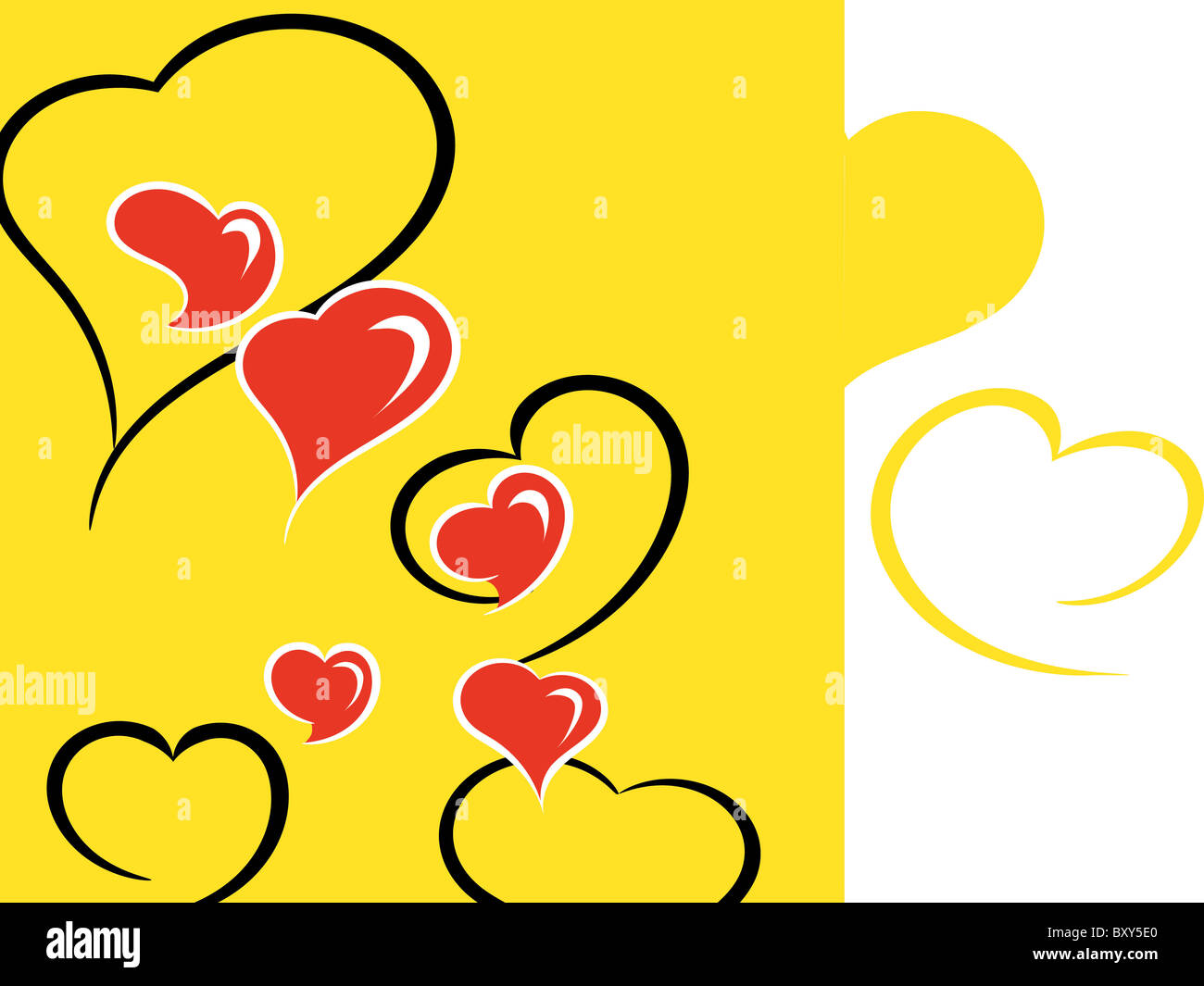Situazione contrastante con i personaggi di cuore su uno sfondo giallo Foto Stock