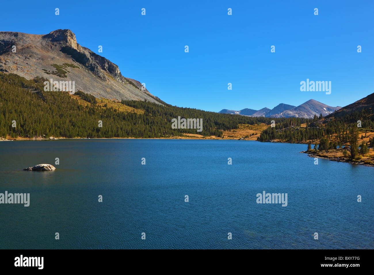 Ingranaggio di magnifiche cime delle montagne e lago azzurro Tioga tra di essi Foto Stock