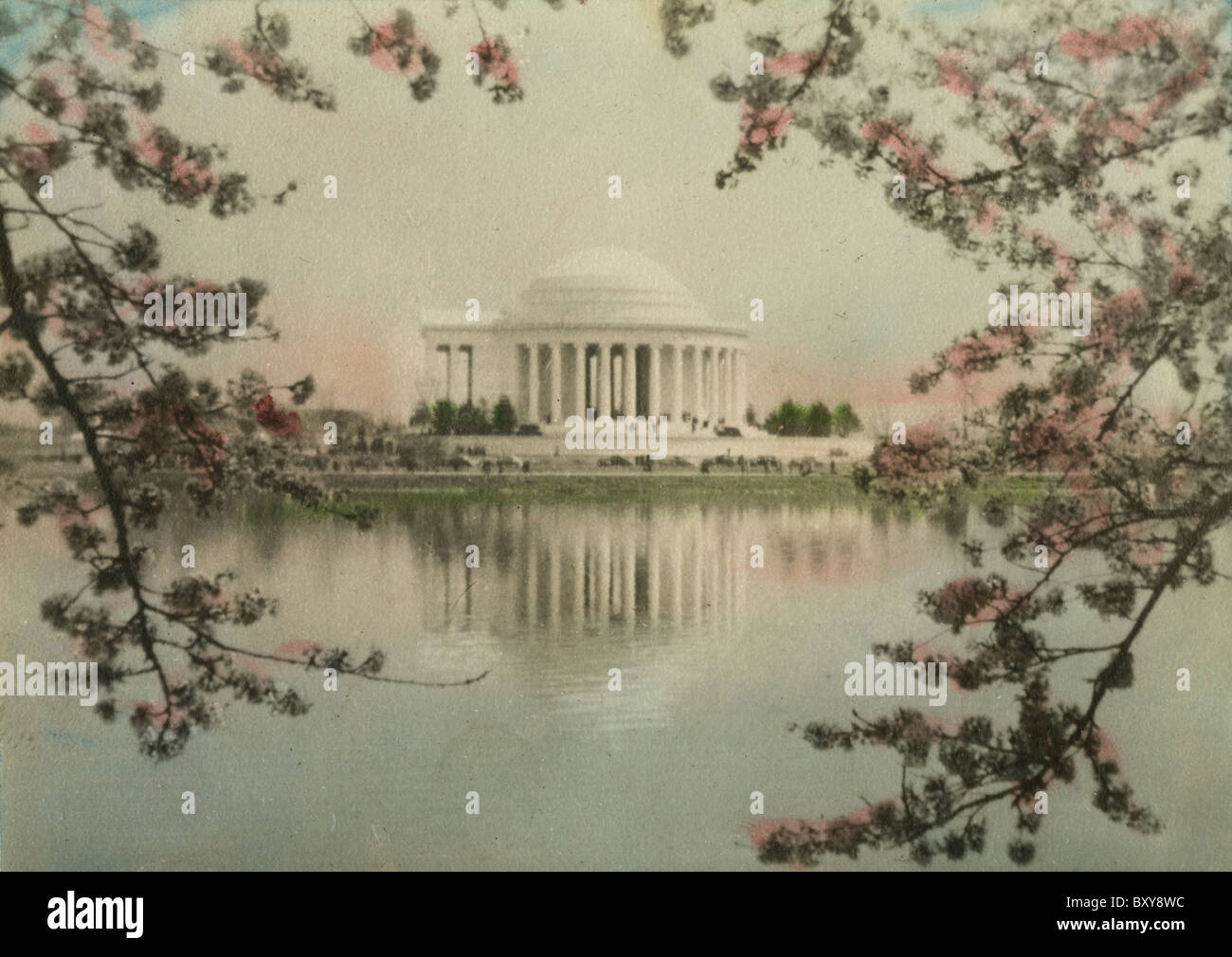 Circa 1910s a mano fotografia oscurata del Jefferson Memorial e fiori di ciliegio, Washington DC, Stati Uniti d'America. Foto Stock