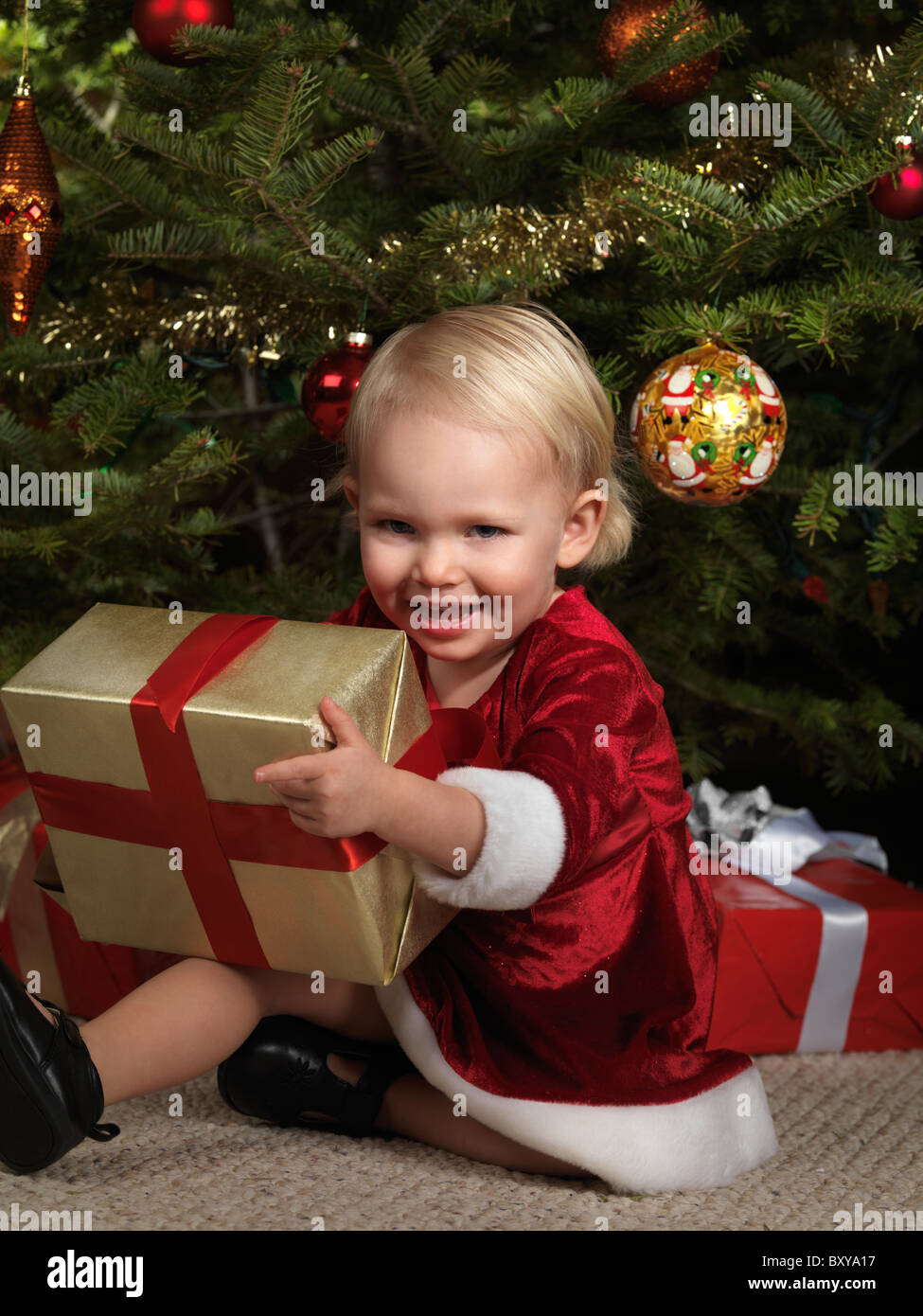 Due anni di ragazza seduta sotto un albero di Natale con un dono nelle sue mani Foto Stock