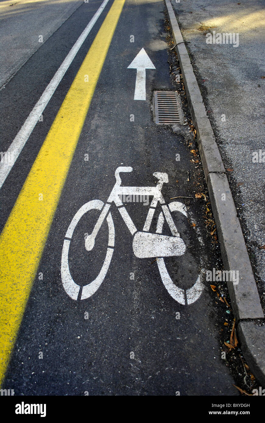 Scritto sull'asfalto, cartelli stradali per bicicletta Foto Stock