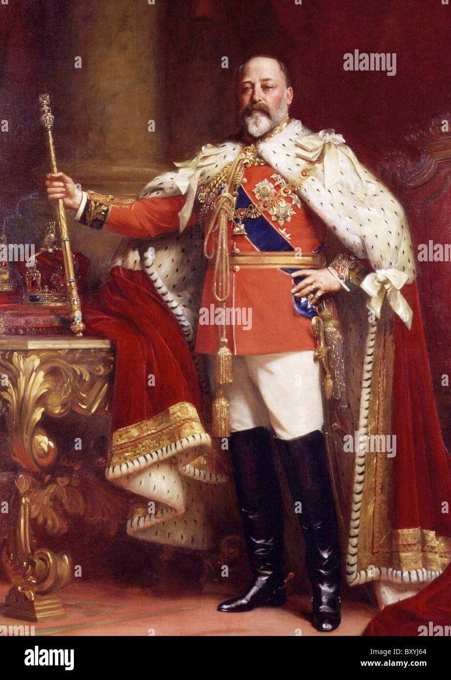 Il re Edoardo VII (1841-1910) nel suo 1902 Incoronazione accappatoi dipinta da Samuel Fildes tenendo premuto il scettro regale Foto Stock