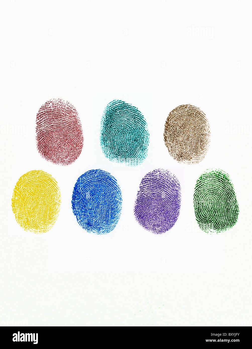 Close up di colorate le impronte digitali su sfondo bianco Foto Stock