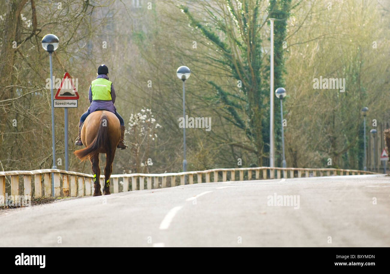 Femmina singolo cavaliere a cavallo su una tranquilla strada di campagna. Foto Stock