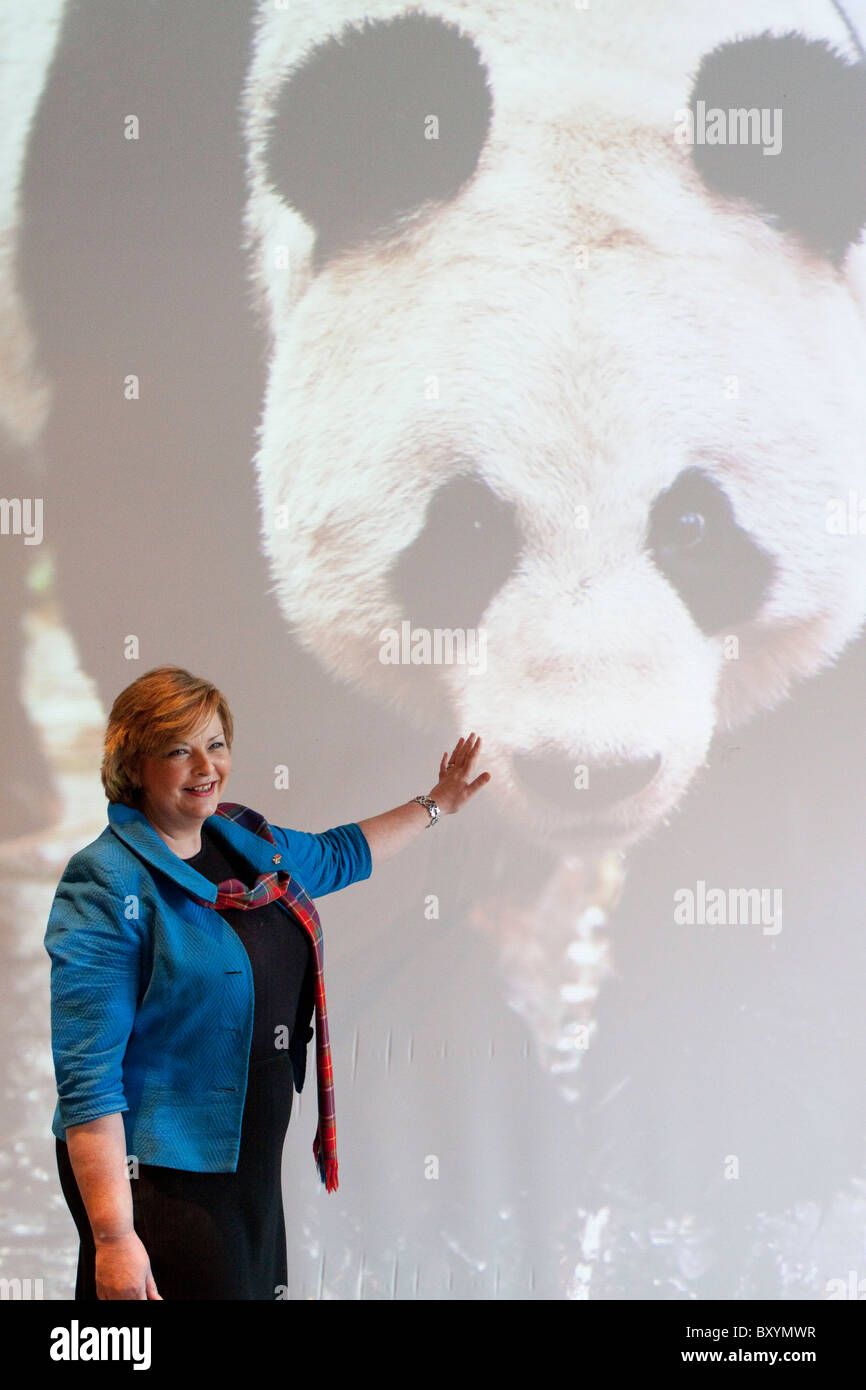 Scozia - 10 gennaio 2011. Ministro della cultura Fiona Hyslop accoglie due panda giganti allo Zoo di Edinburgo Foto Stock