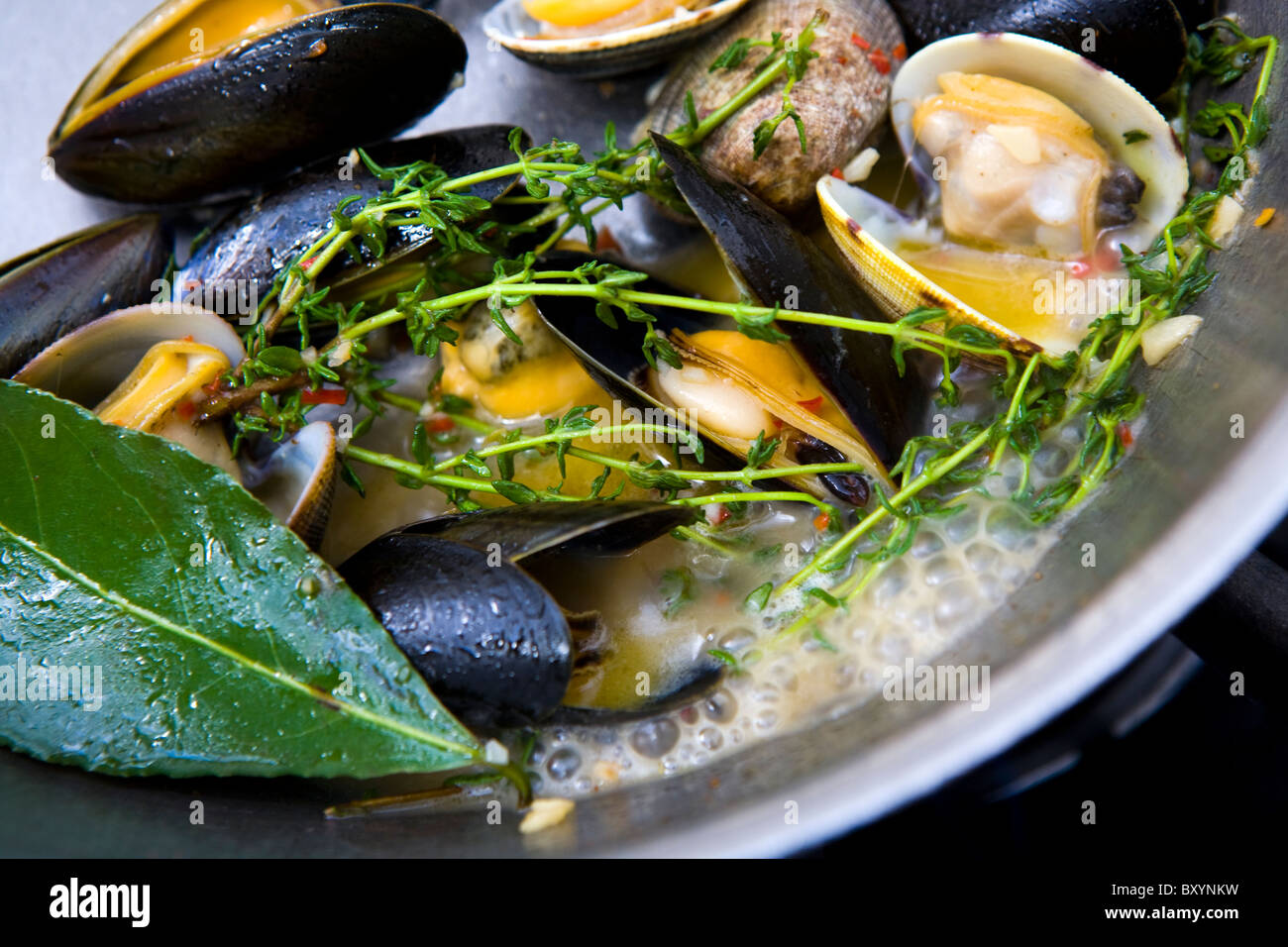 Un piatto cucinato con mussells e vongole veraci Foto Stock